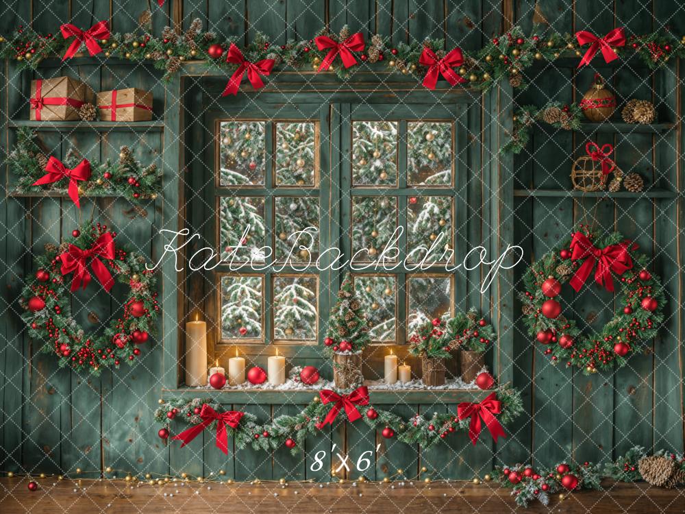 Kate Christmas Green Retro Wood Wall Window Backdrop Designed by Emetselch