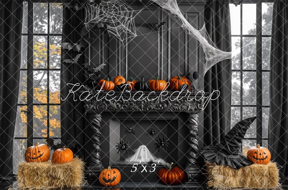 Kate Halloween Pumpkins Fireplace Cobwebs With Black Wall Backdrop Designed by Mini MakeBelieve