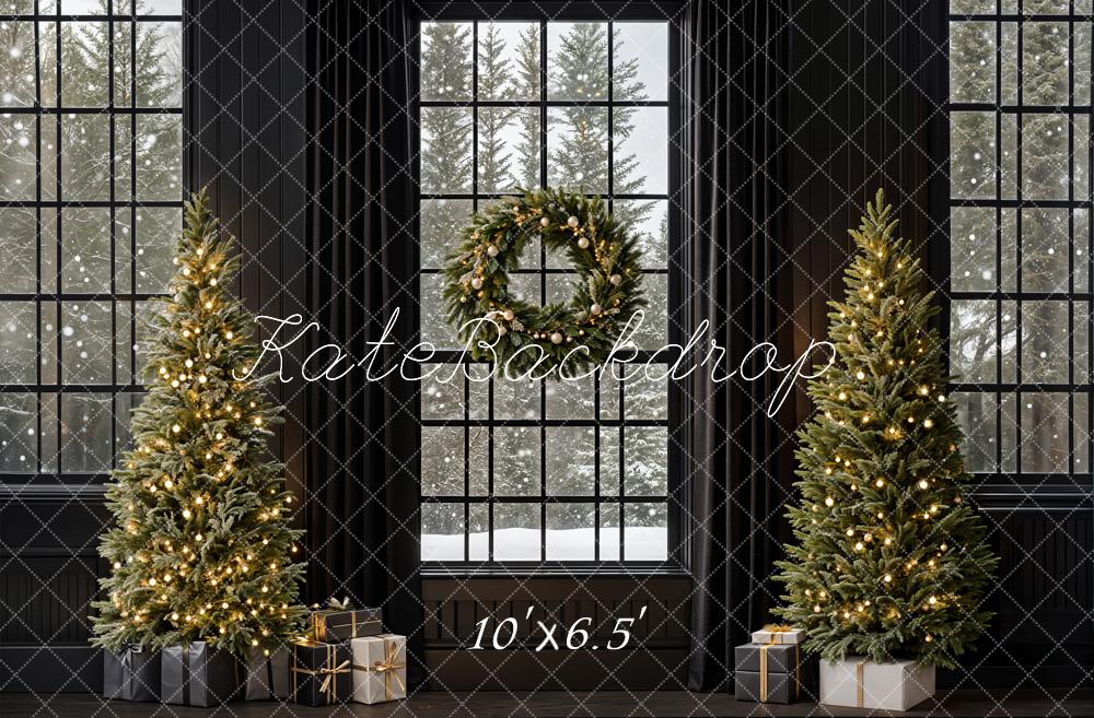 Kate Christmas Trees Retro Black Window Backdrop Designed by Emetselch