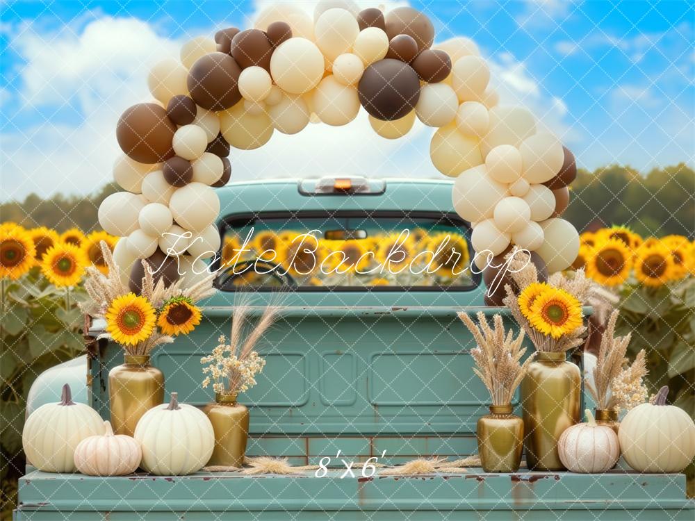 Kate Fall Teal Truck Sunflower Balloons Arch Backdrop Designed by Mini MakeBelieve