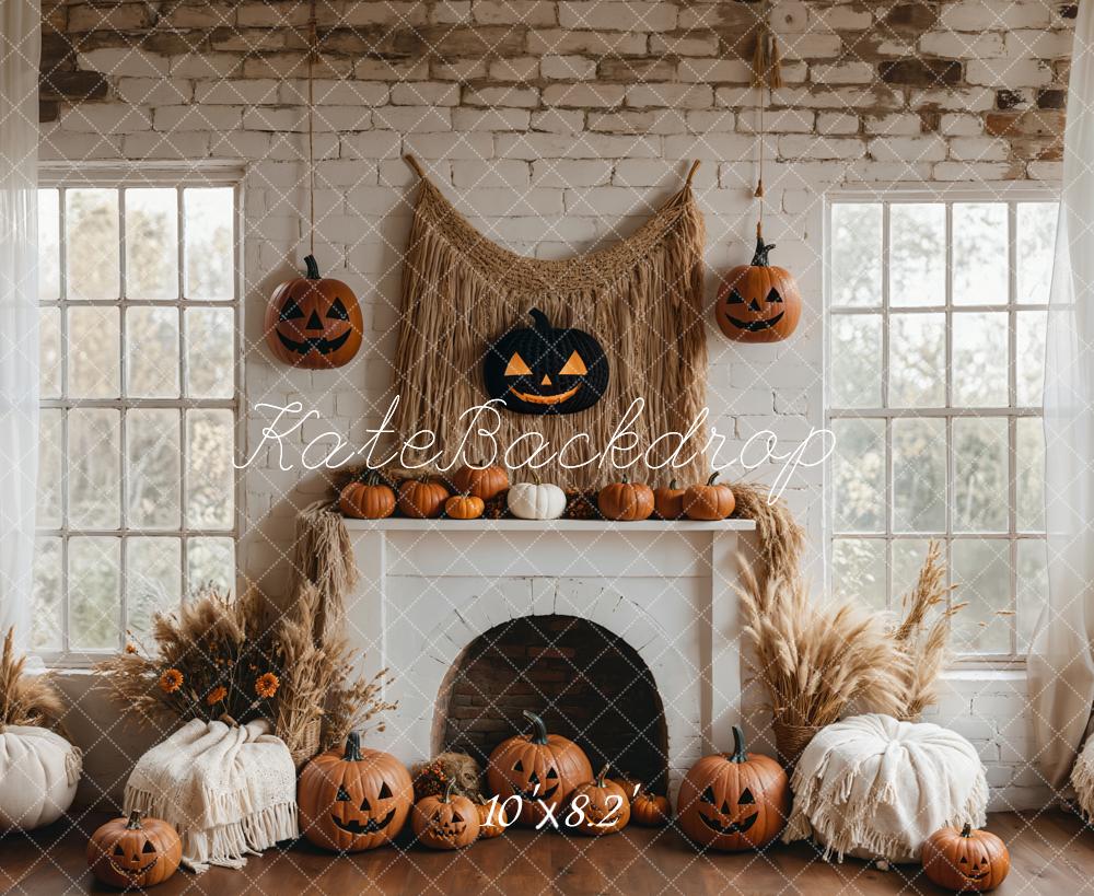 Halloween Pompoen Witte Open Haard Boho Foto Achtergrond Designed by Emetselch