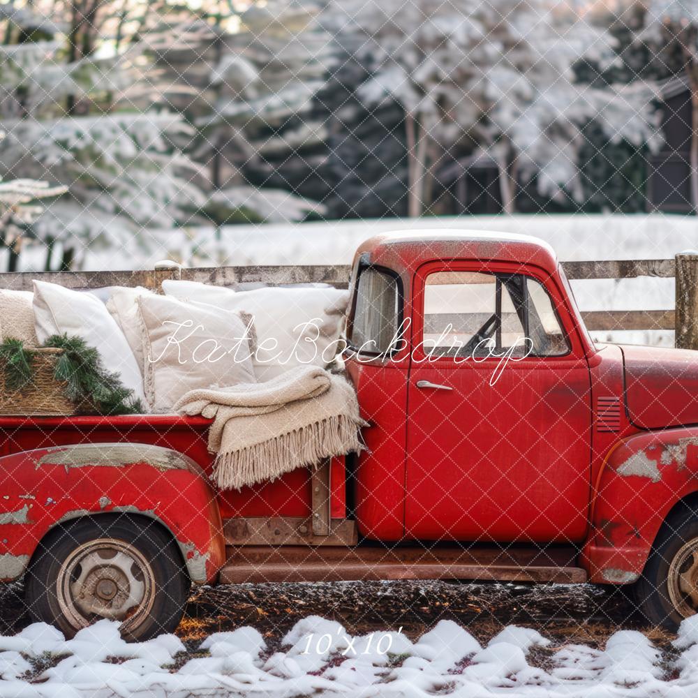 Sfondo Invernale di Natale con Camion Rosso Disegnato da Mini MakeBelieve