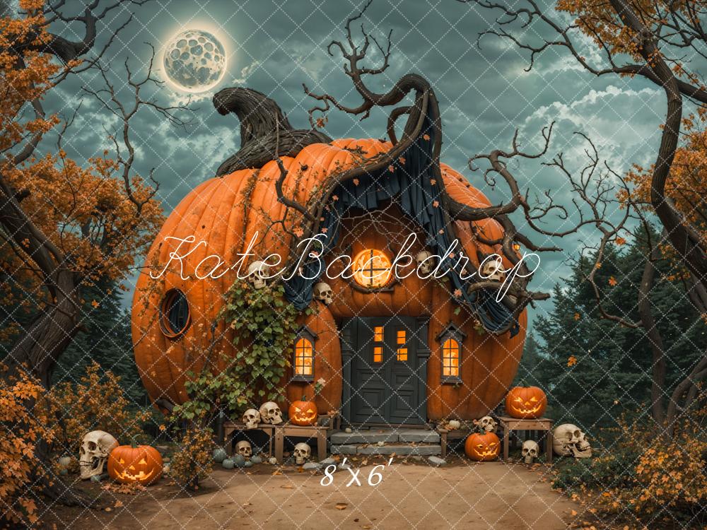 Noche de Halloween en el Bosque Oscuro Casa Mágica de Calabazas en Naranja Fondo