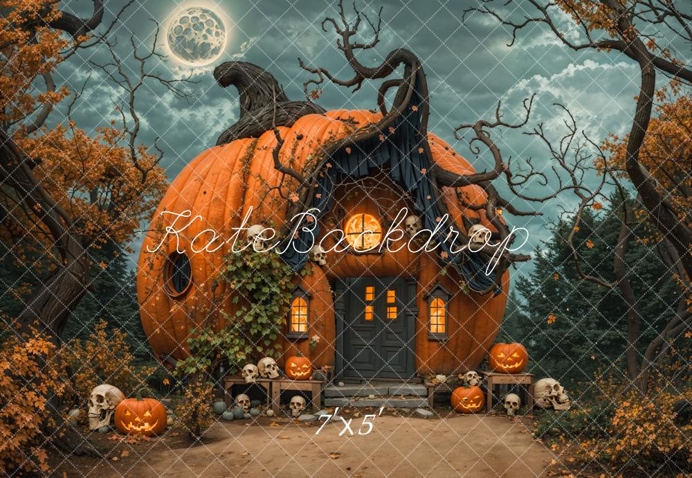 Kate Halloween Night Dark Forest Orange Magical Pumpkin House Backdrop Designed by Emetselch