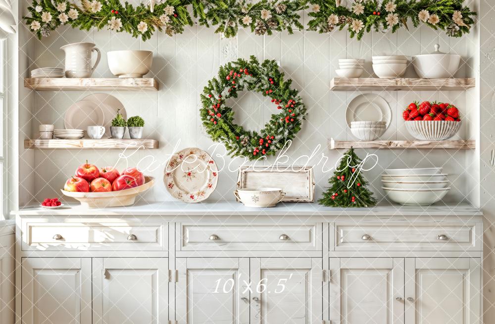 Kate Christmas Kitchen White Cabinets Cutlery Fruits Backdrop Designed by Emetselch