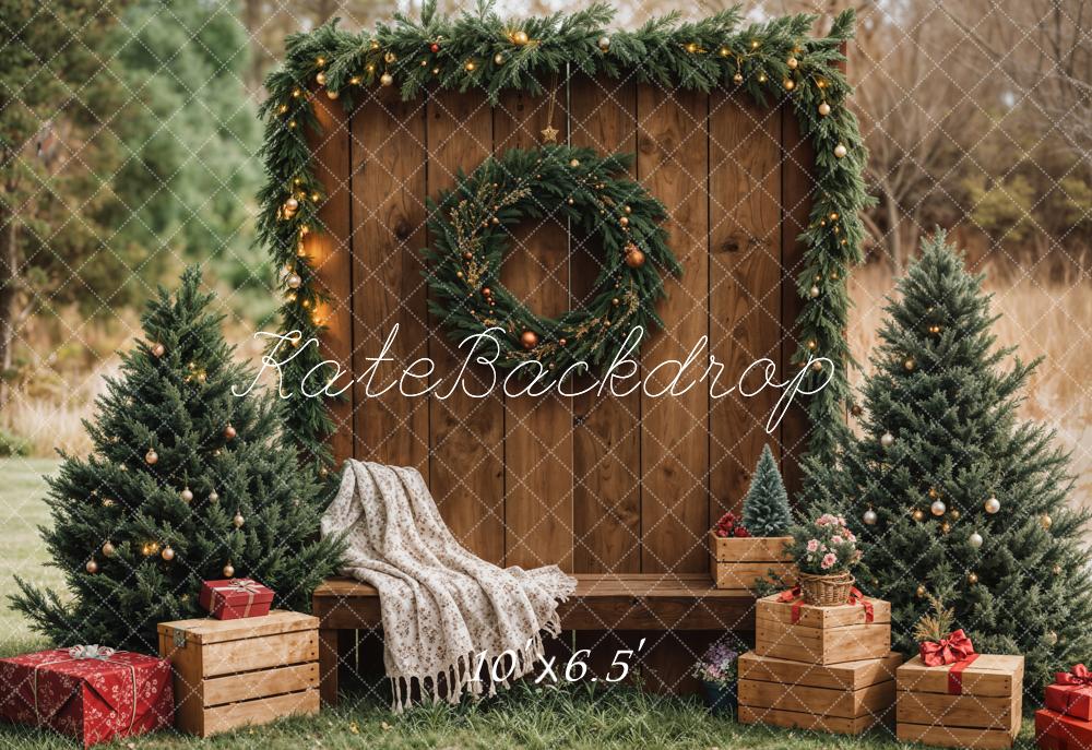 Kerst Bos Rustieke Krans Houten Foto Achtergrond Designed by Emetselch