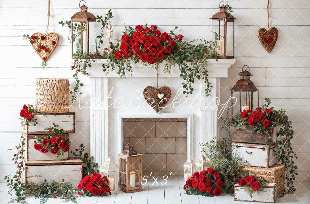 Kate Valentine Roses Fireplace Lantern Rustic Backdrop Designed by Emetselch