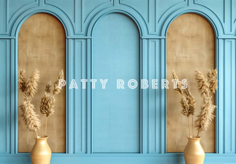 Kate Boho Blue and Brown Retro Arch Wall Backdrop Designed by Patty Robert