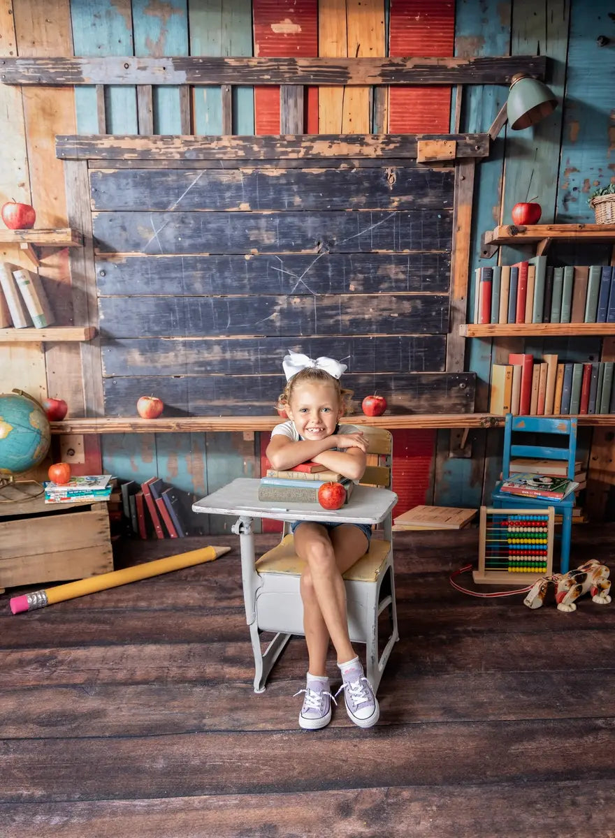 Kate Pet Back to School Bookshelf Dark Brown Wooden Blackboard Backdrop Designed by Emetselch