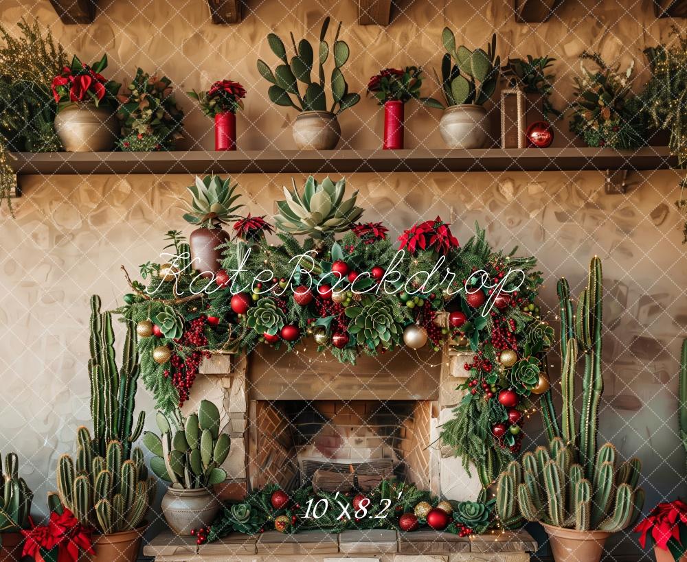 Rustic Kerst Cactus Haard Foto Achtergrond Designed by Patty Roberts