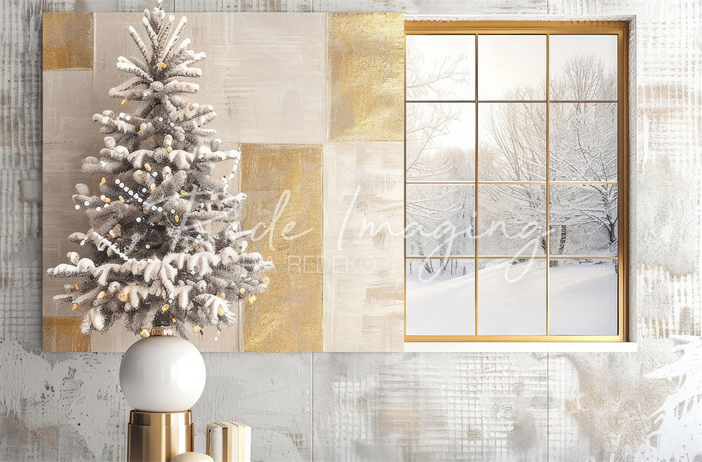 Árbol de Navidad Moderno Blanco y Dorado en la Ventana Fondo a Cuadros en la Pared Diseñado por Lidia Redekopp