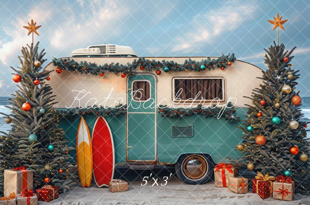 Kerst RV Camper Strand Foto Achtergrond Designed by Mini MakeBelieve