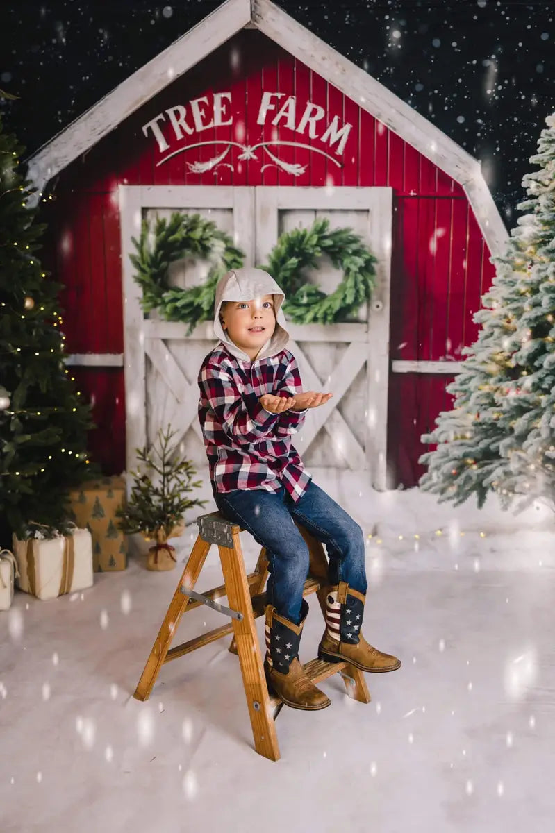 Kate Winter Christmas Tree Farm Red Barn Backdrop Designed by Chain Photography