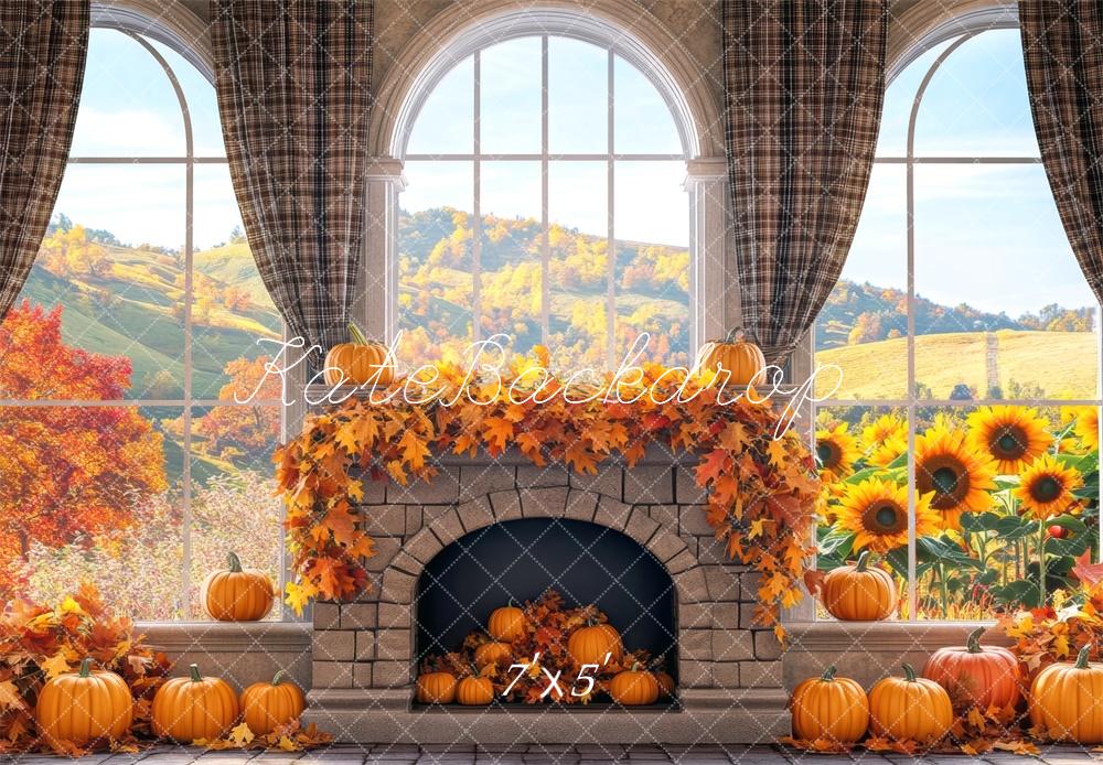 Fondo de chimenea con arco de girasoles y calabazas de otoño diseñado por Mini MakeBelieve