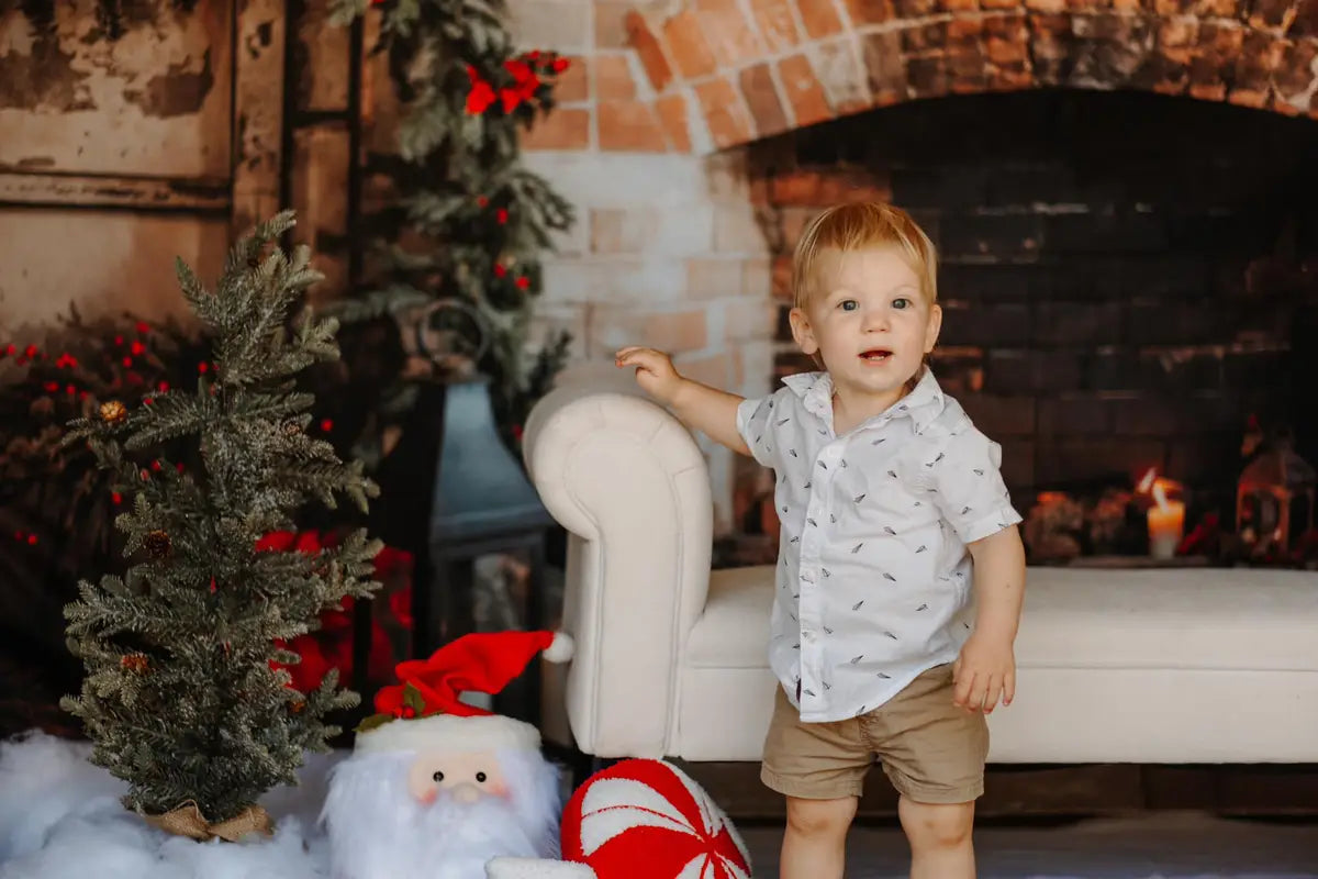 Kate Christmas Indoor Red Brick Fireplace Backdrop Designed by Emetselch