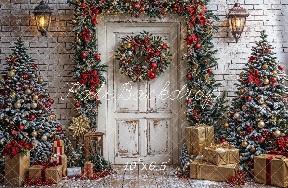 Kate Winter Christmas Tree White Door Gray Brick Wall Backdrop Designed by Emetselch