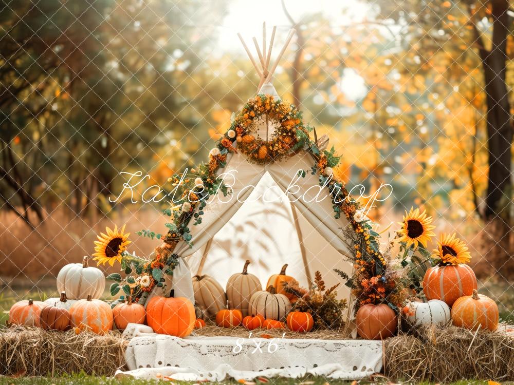 Kate Fall White Teepee With Sunflowers And Pumpkins Backdrop Designed by Patty Robert