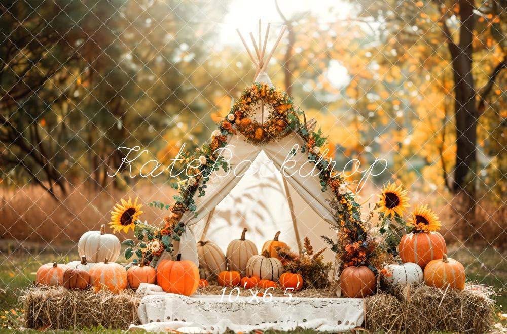 Kate Fall White Teepee With Sunflowers And Pumpkins Backdrop Designed by Patty Robert