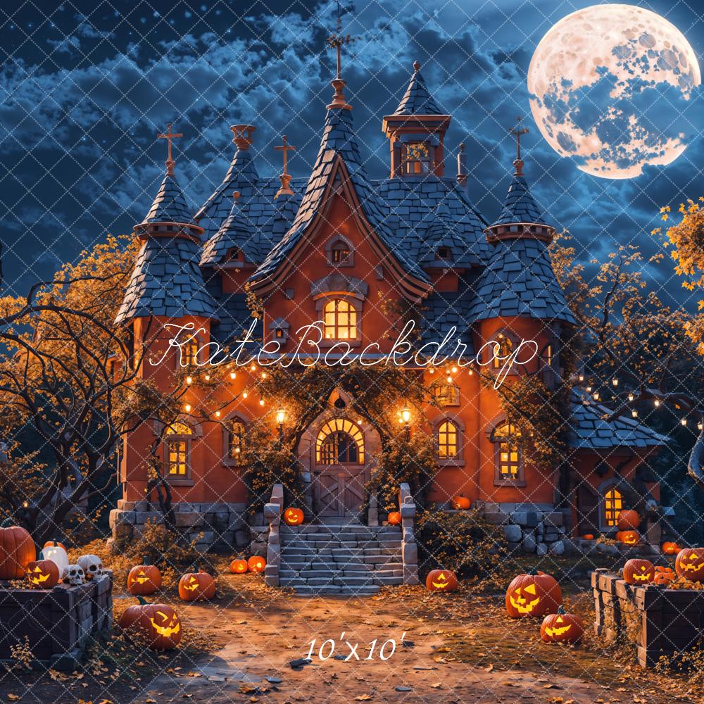 Kate Halloween Night Forest Pumpkin Castle Backdrop Designed by Chain Photography