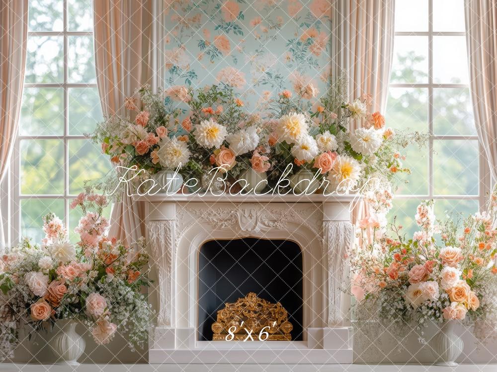 Kate Spring Floral Retro Fireplace Window Backdrop Designed by Mini MakeBelieve