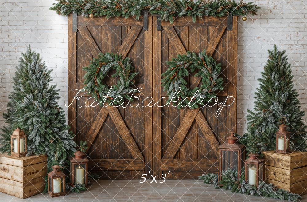 Kate Christmas Brown Barn Door Wreath Backdrop Designed by Emetselch