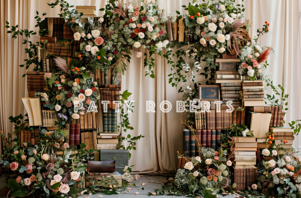 Sfondo di Tenda Beige con Arco di Libri Floreali Colorati Boho progettato da Patty Robert