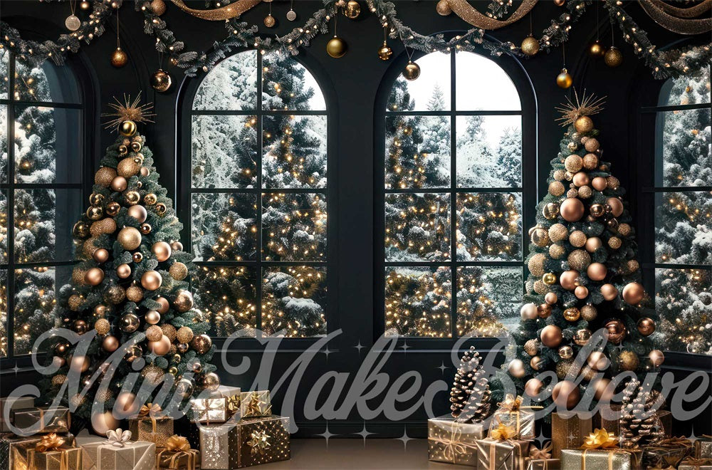 Winter Kerst Binnen Zwarte Boogvormige Raamachtergrond Ontworpen door Mini MakeBelieve