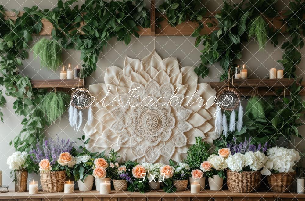 Kate Bohemian Mandala Floral Greenery Backdrop Designed by Mini MakeBelieve