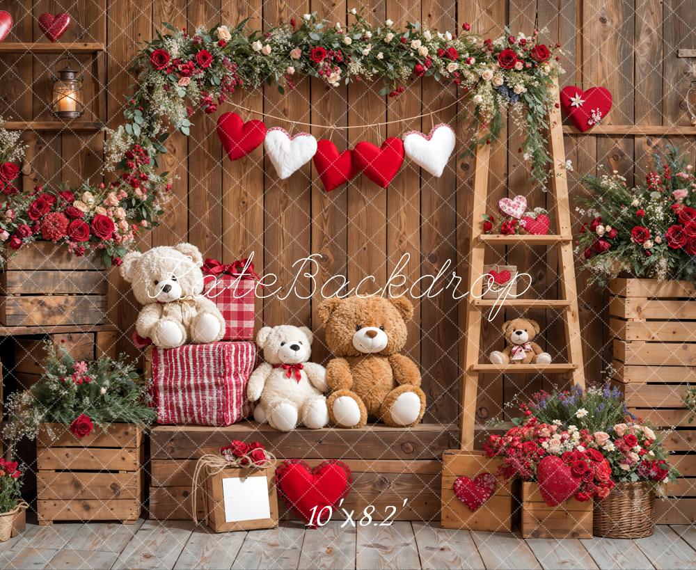 Kate Valentine's Day Teddy Bear Floral Wood Backdrop Designed by Emetselch