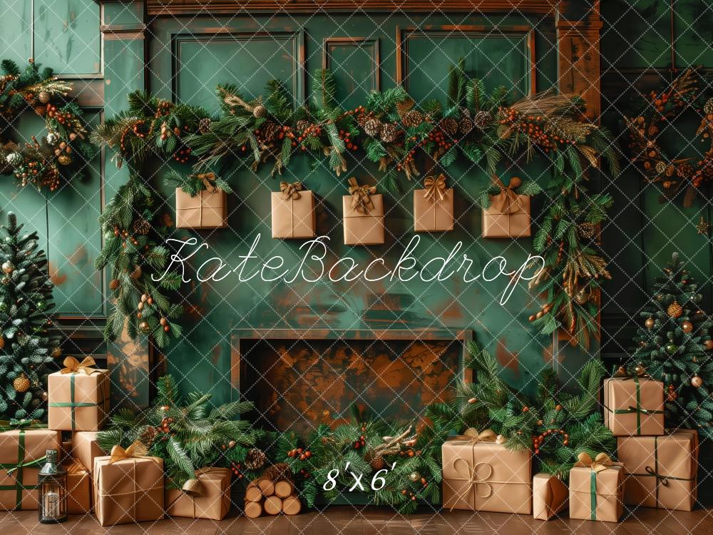 Kate Christmas Green Wall Brown Gifts Fireplace Backdrop Designed by Patty Robert