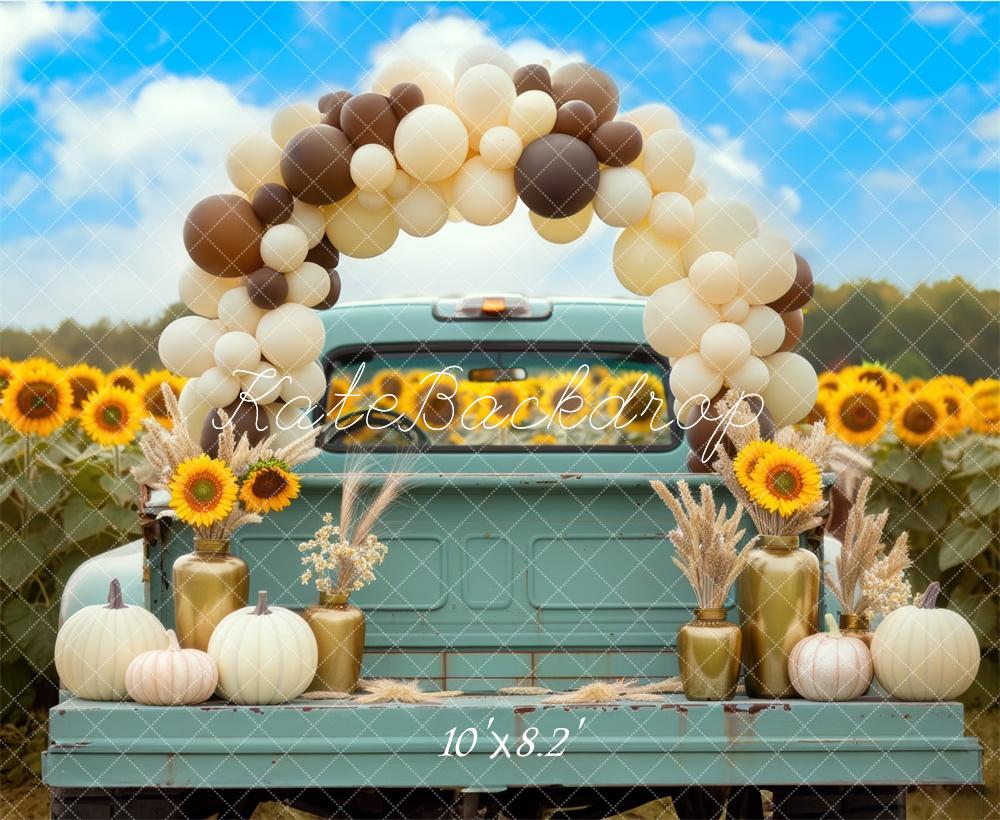 Kate Fall Teal Truck Sunflower Balloons Arch Backdrop Designed by Mini MakeBelieve