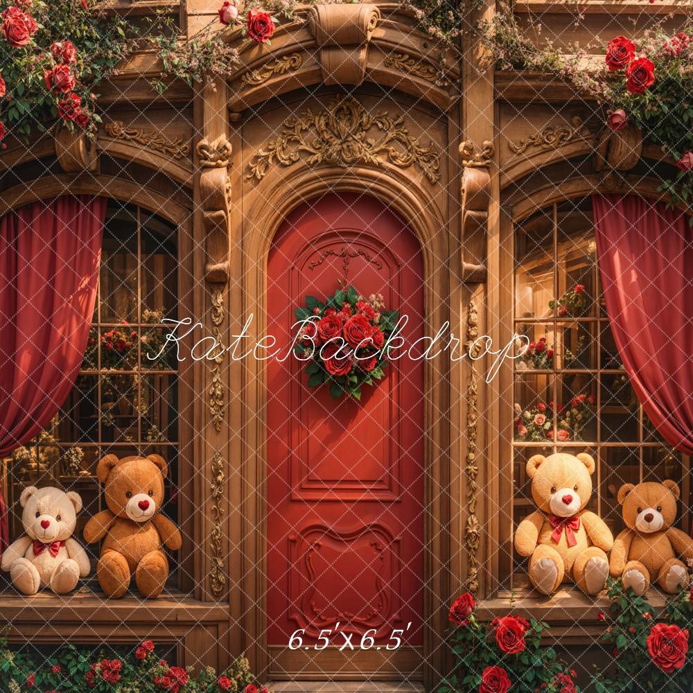 Retro Arch Wooden Teddy Bear Roses Door Foto Achtergrond Designed by Emetselch