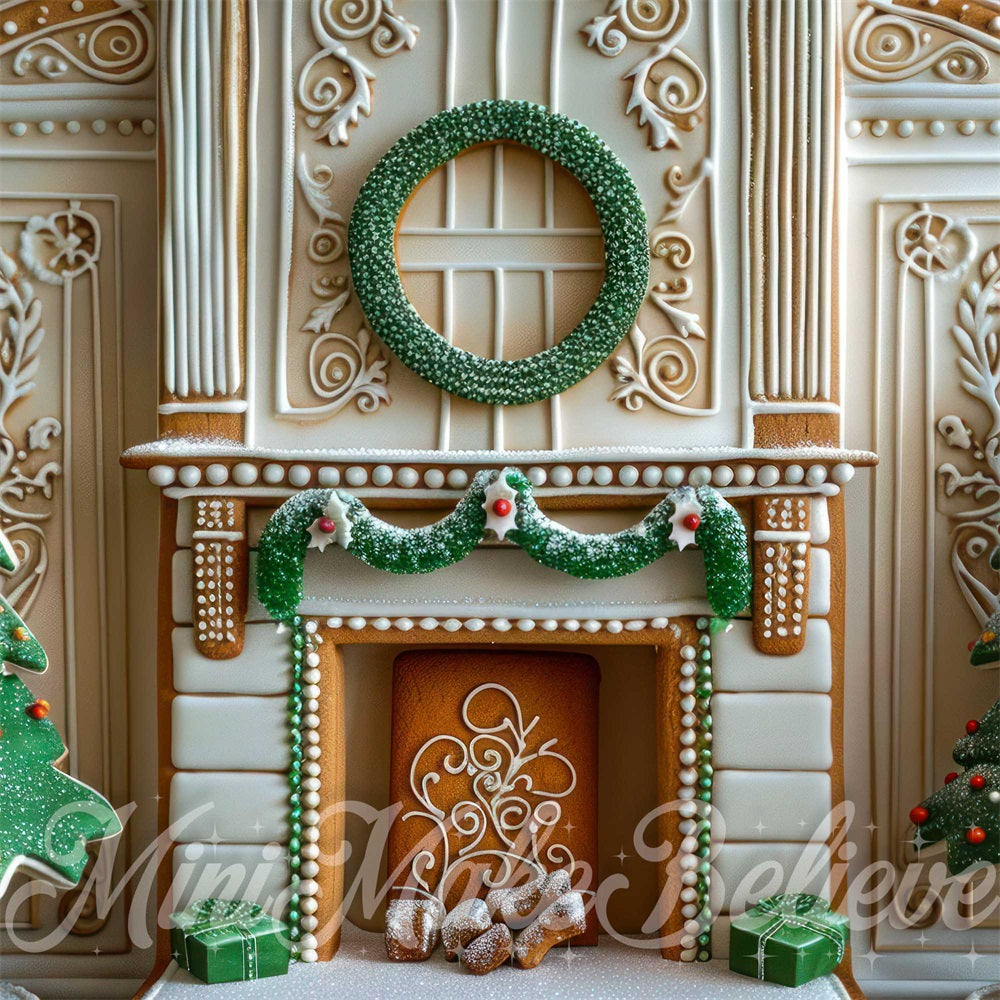Kate Christmas Indoor Colorful Gingerbread Fireplace Backdrop Designed by Mini MakeBelieve