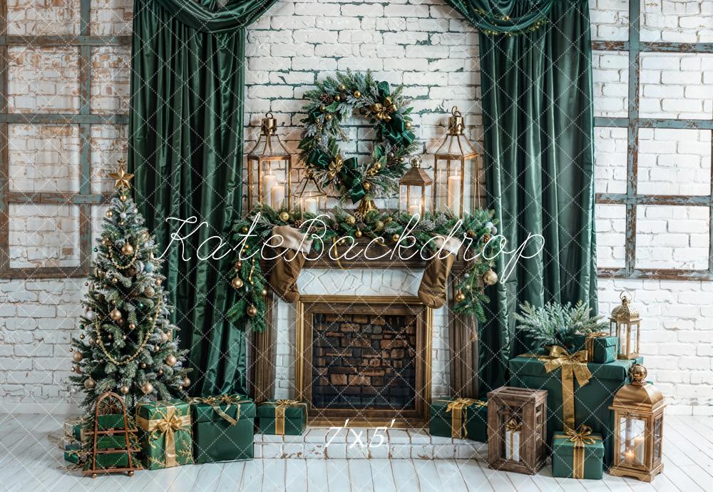 Kate Christmas Green Curtains Fireplace White Walls Backdrop Designed by Emetselch