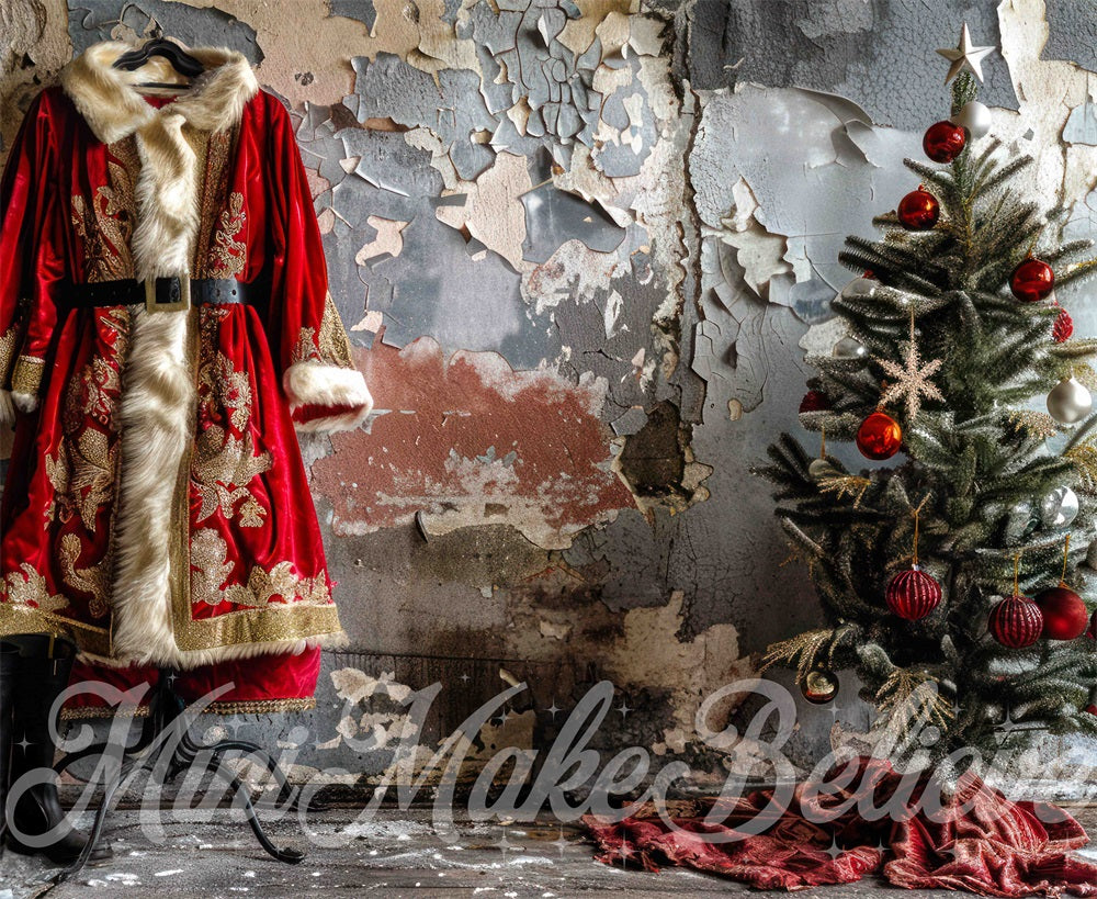 Kate Christmas Interior Shabby Santa Coat Gray Wall Backdrop Designed by Mini MakeBelieve