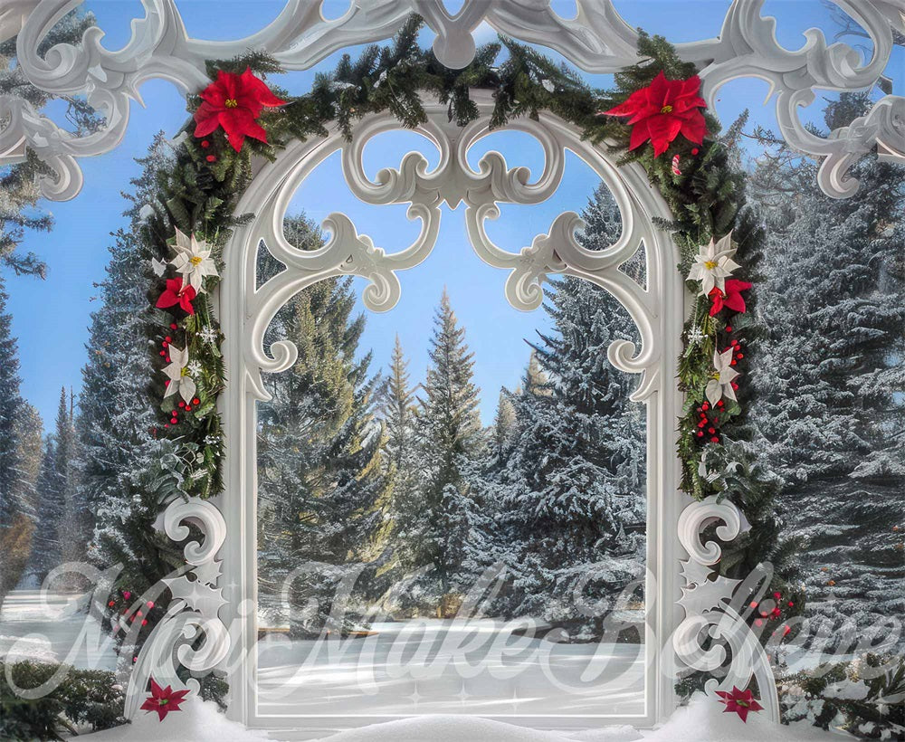 Kerstbos Wit Retro Bloemenpoort Achtergrond Ontworpen door Mini MakeBelieve
