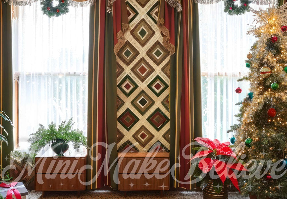 Christmas Vintage Brown  White Plaid Floral Wall Backdrop Designed by Mini MakeBelieve