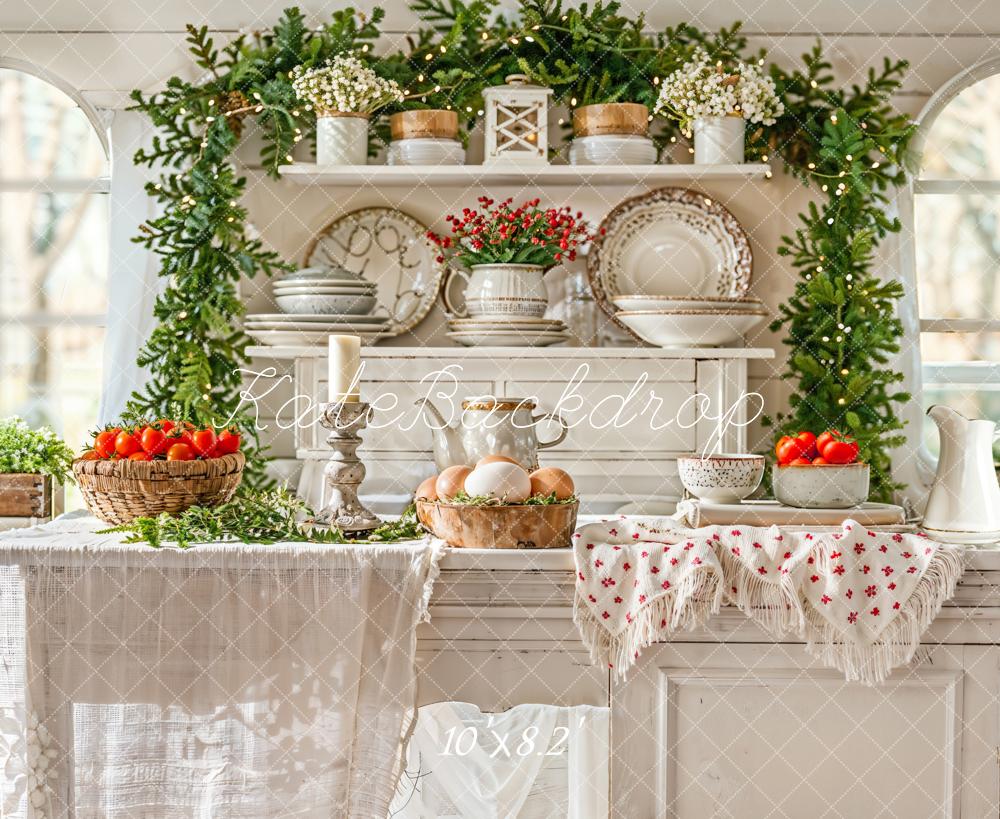 Fondo de cocina blanca navideña con plantas y utensilios de cocina diseñado por Emetselch