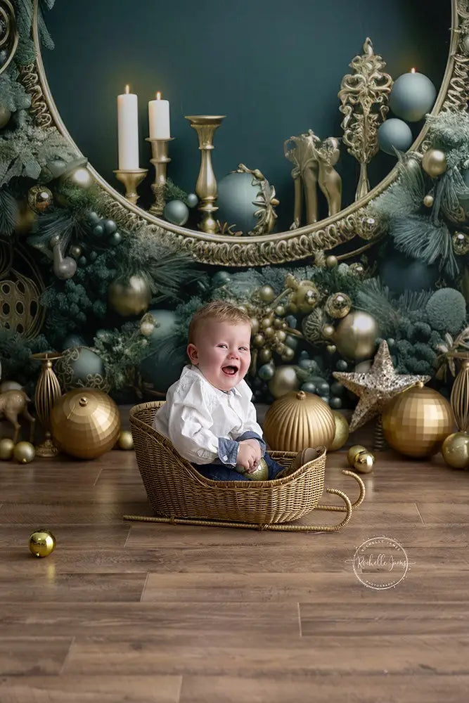 Kerst Vintage Groene Muur Grote Krans Foto Achtergrond Ontworpen door Emetselch