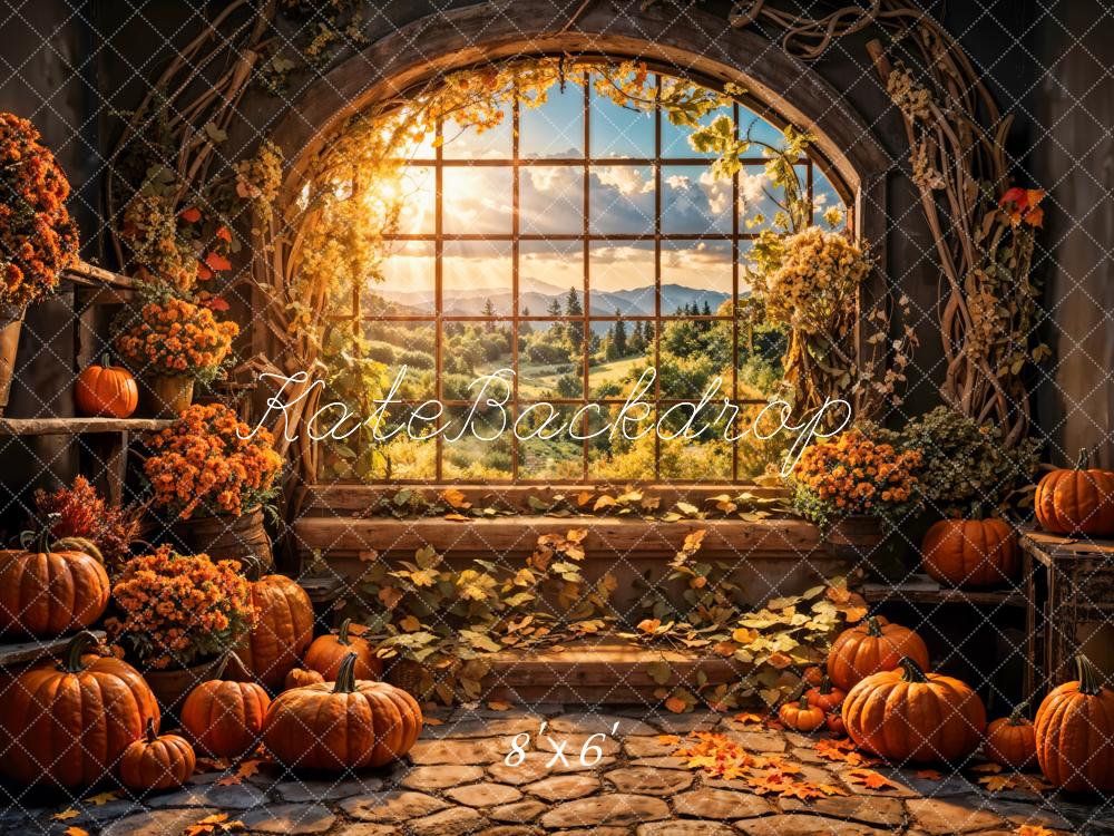 Kate Fall Flower Pumpkin Barn Arch Window Backdrop Designed by Emetselch