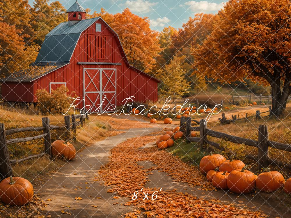 Kate Fall Sunflower Pumpkin Red House Forest Path Backdrop Designed by Emetselch