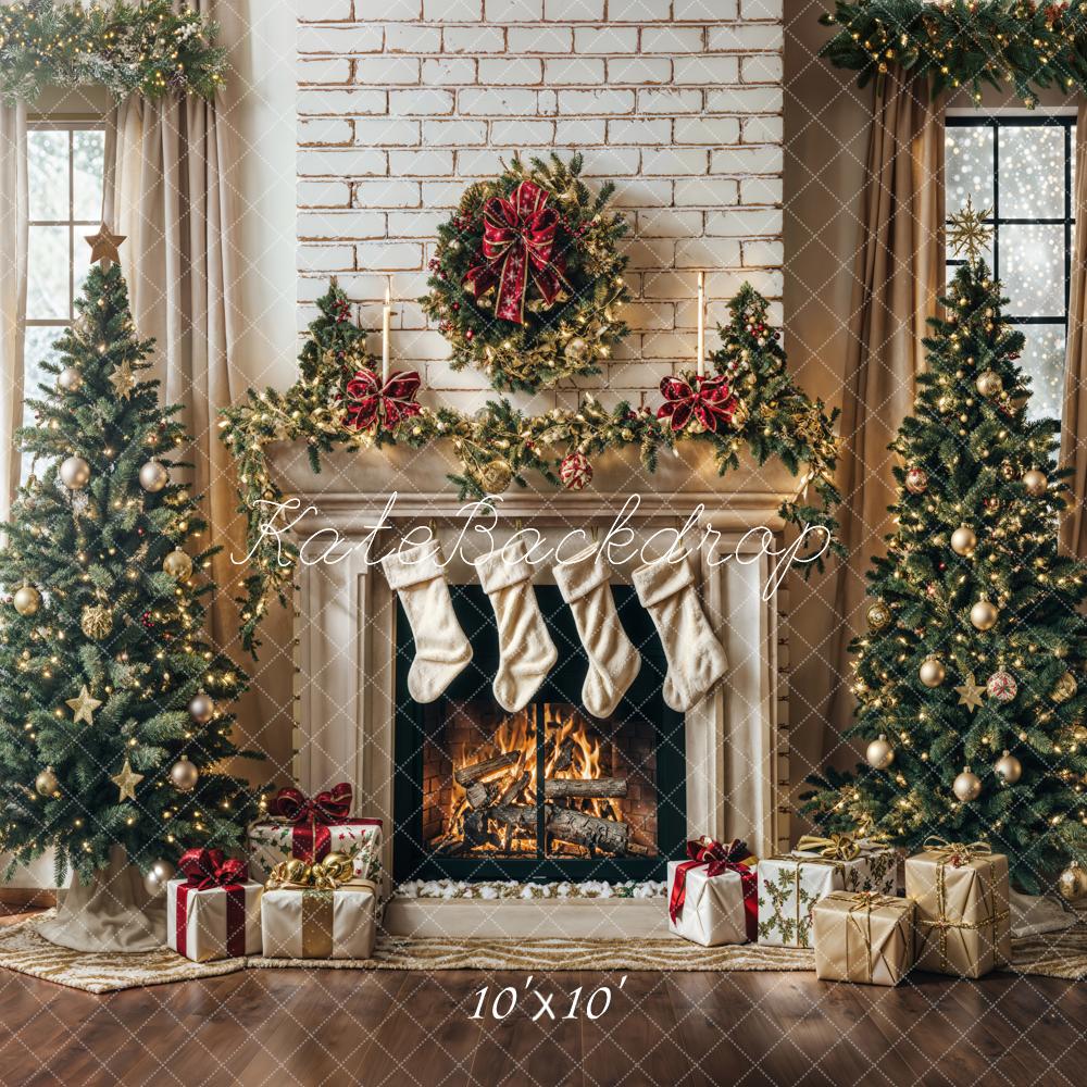 Kate Winter Christmas Tree White Retro Fireplace Backdrop Designed by Emetselch