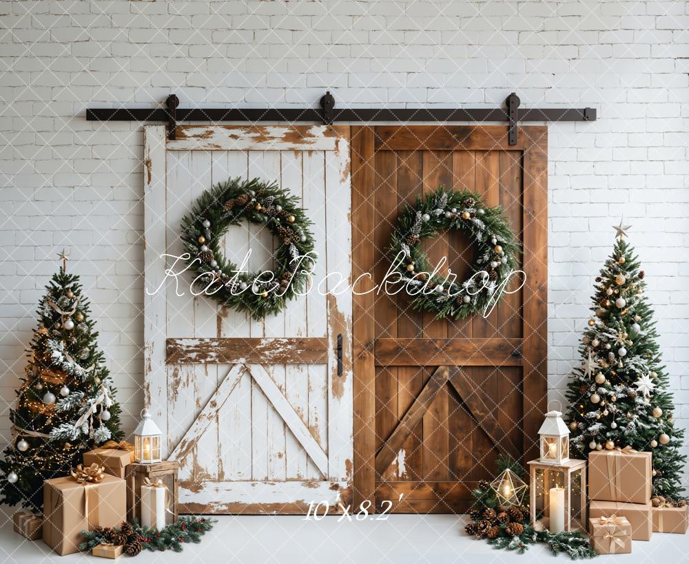 Kate Christmas White Brown Wood Door Backdrop Designed by Emetselch