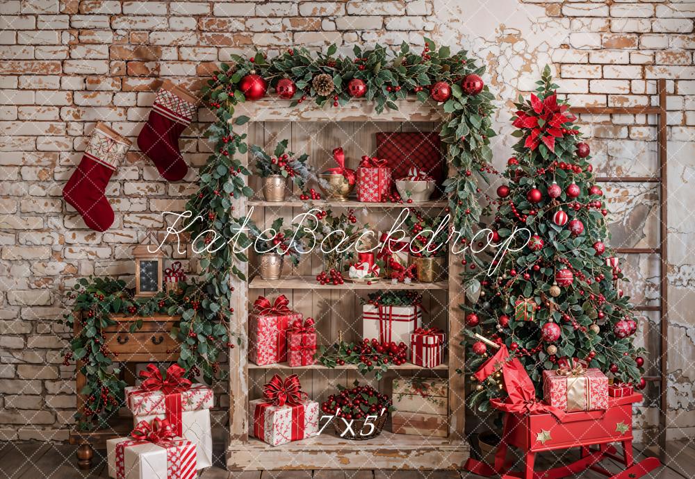 Kate Christmas Tree Retro Cabinets White Brick Wall Backdrop Designed by Emetselch