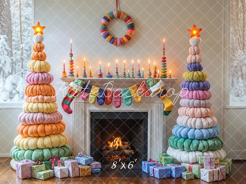 Kate Christmas Colorful Trees Fireplace Backdrop Designed by Emetselch