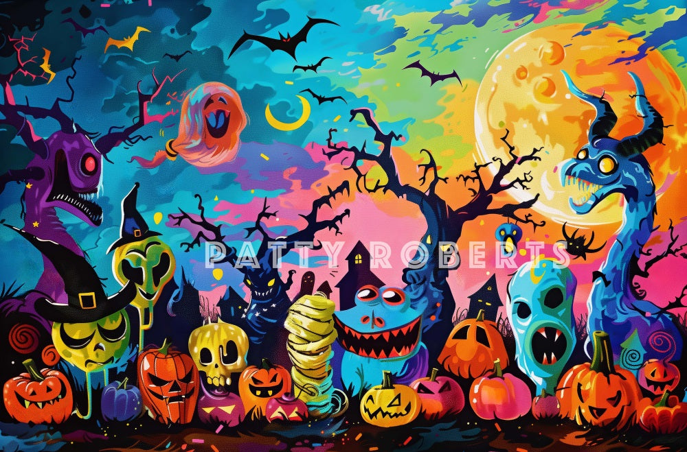 Kate Halloween Cartoon Colorful Monsters Backdrop Designed by Patty Robert