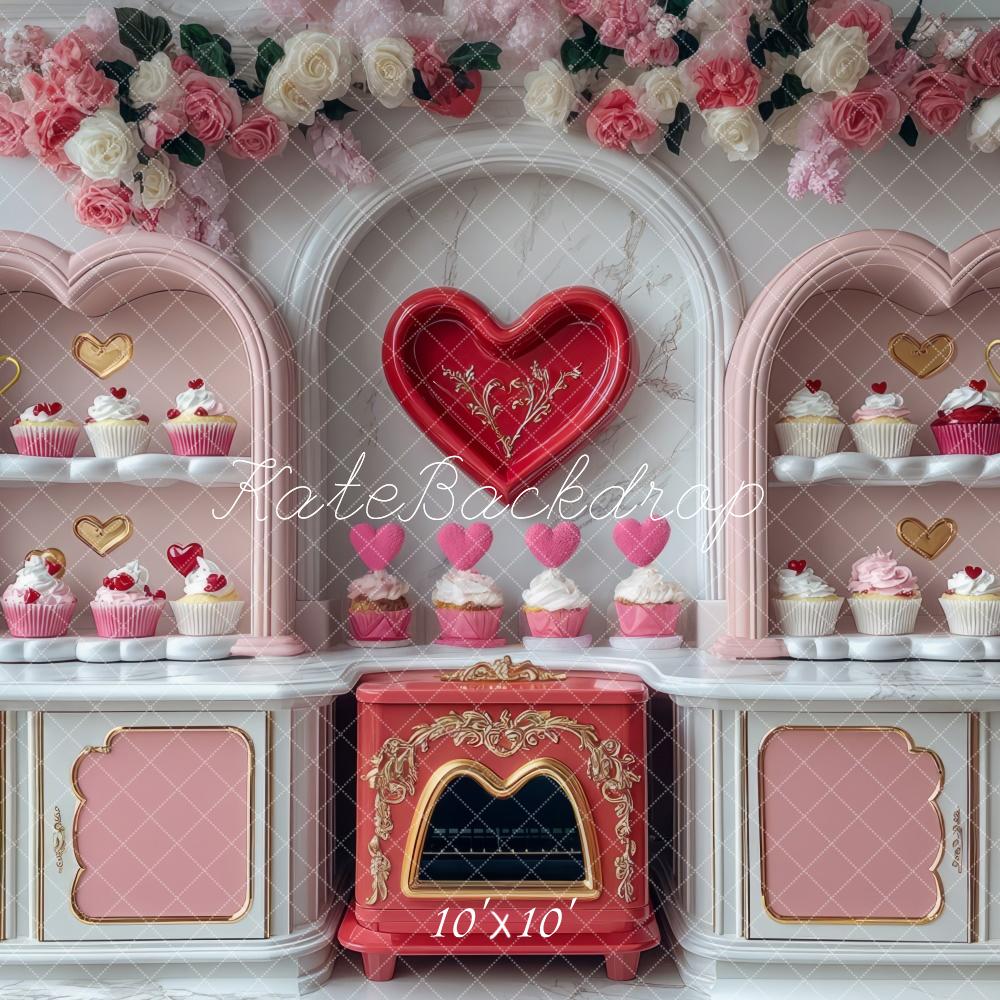 Kate Valentine Cupcake Pink Kitchen Heart Backdrop Designed by Mini MakeBelieve