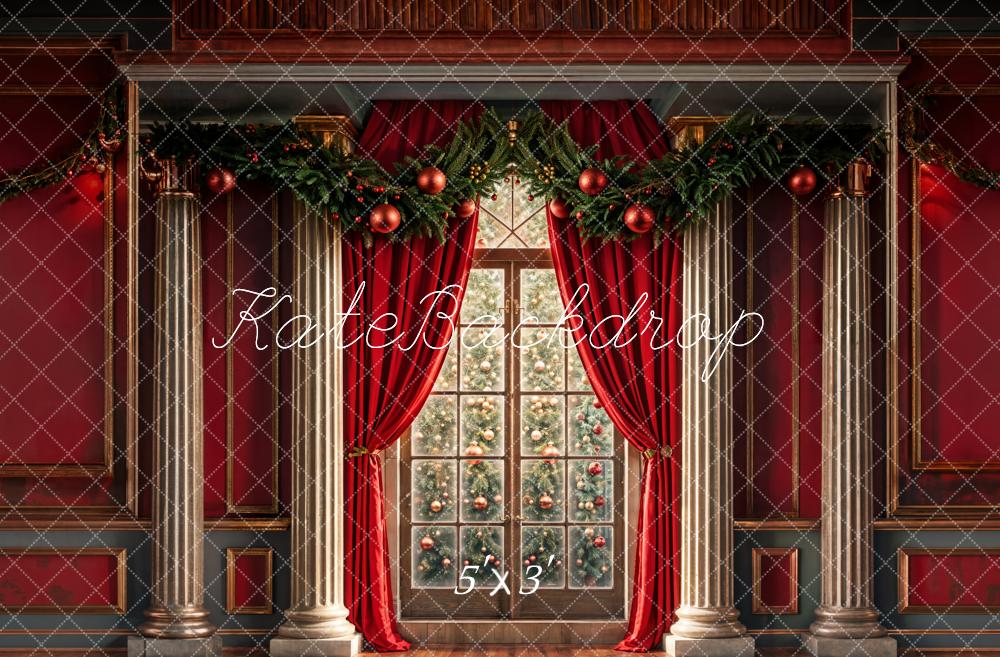 Kate Christmas Indoor Arched Window Red Retro Wall Backdrop Designed by Chain Photography