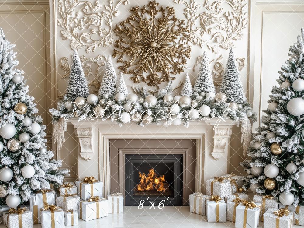 Kate Christmas Tree Elegant Snowy Fireplace Backdrop Designed by Patty Roberts