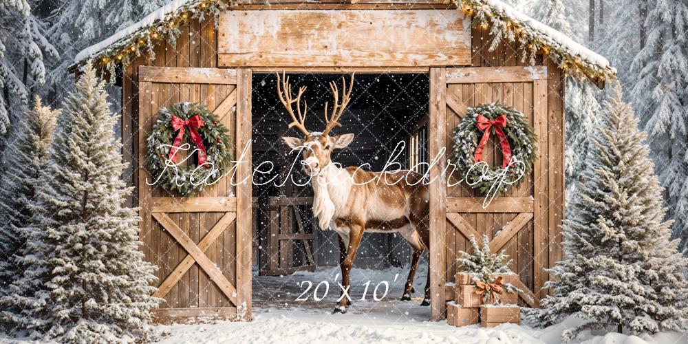 Kate Christmas Reindeer Wooden Barn Cabin Backdrop Designed by Emetselch